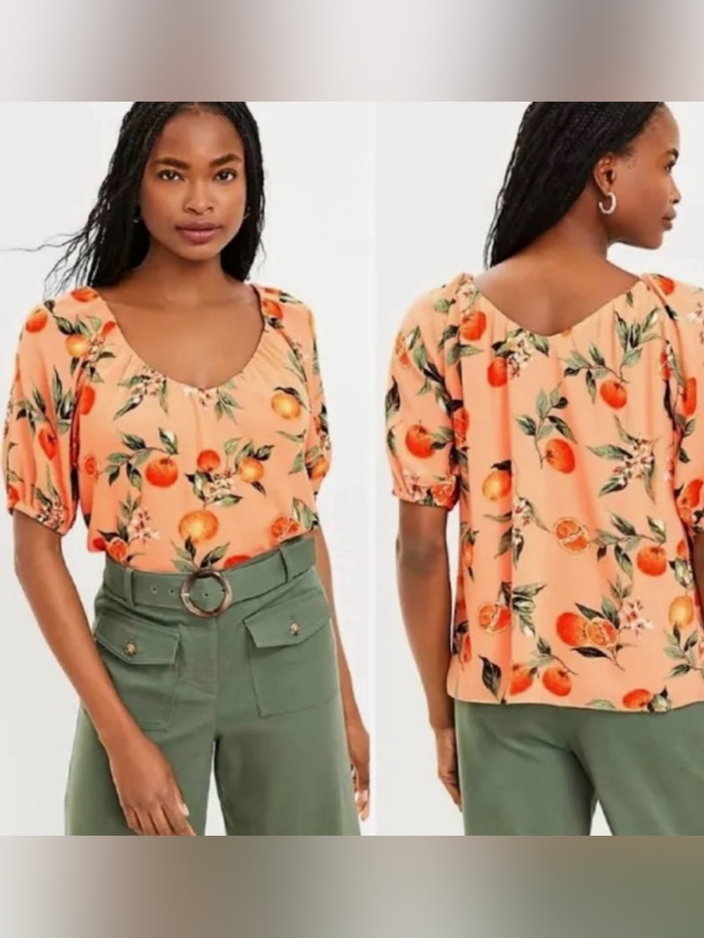 LOFT Orange Citrus Fruit Floral Print Scoop Neck Puff Sleeve Blouse Size M